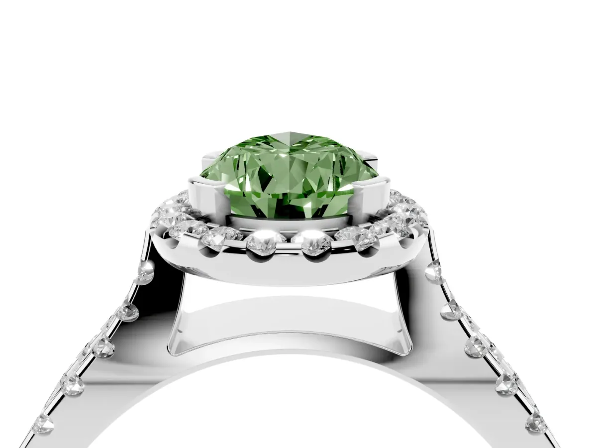 Fancy Green Pear Cut Diamond Halo Ring with Split Shank Pavé Band and Prong Setting Silver