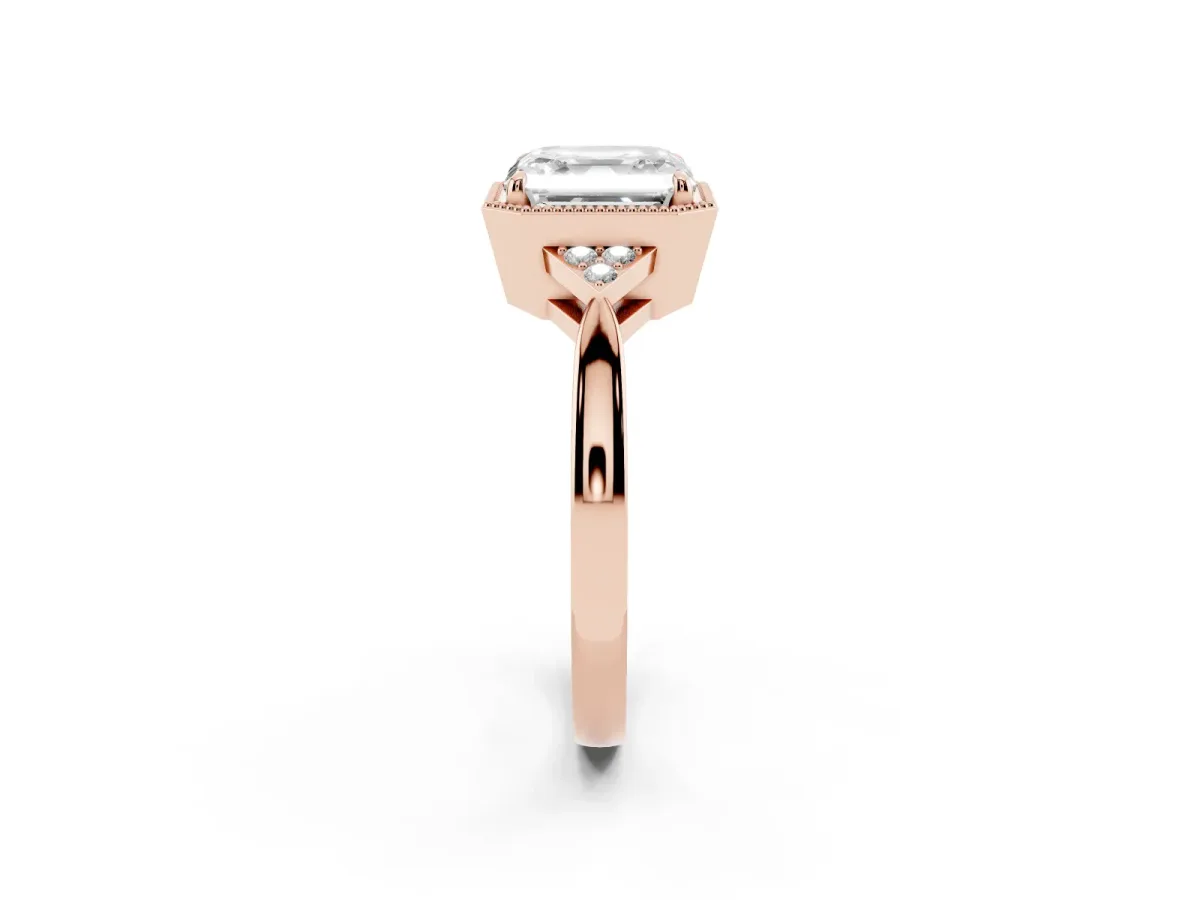 Hexagonal Halo Asscher Cut Diamond Solitaire with Pavé Band and Four-Prong Setting Rose gold