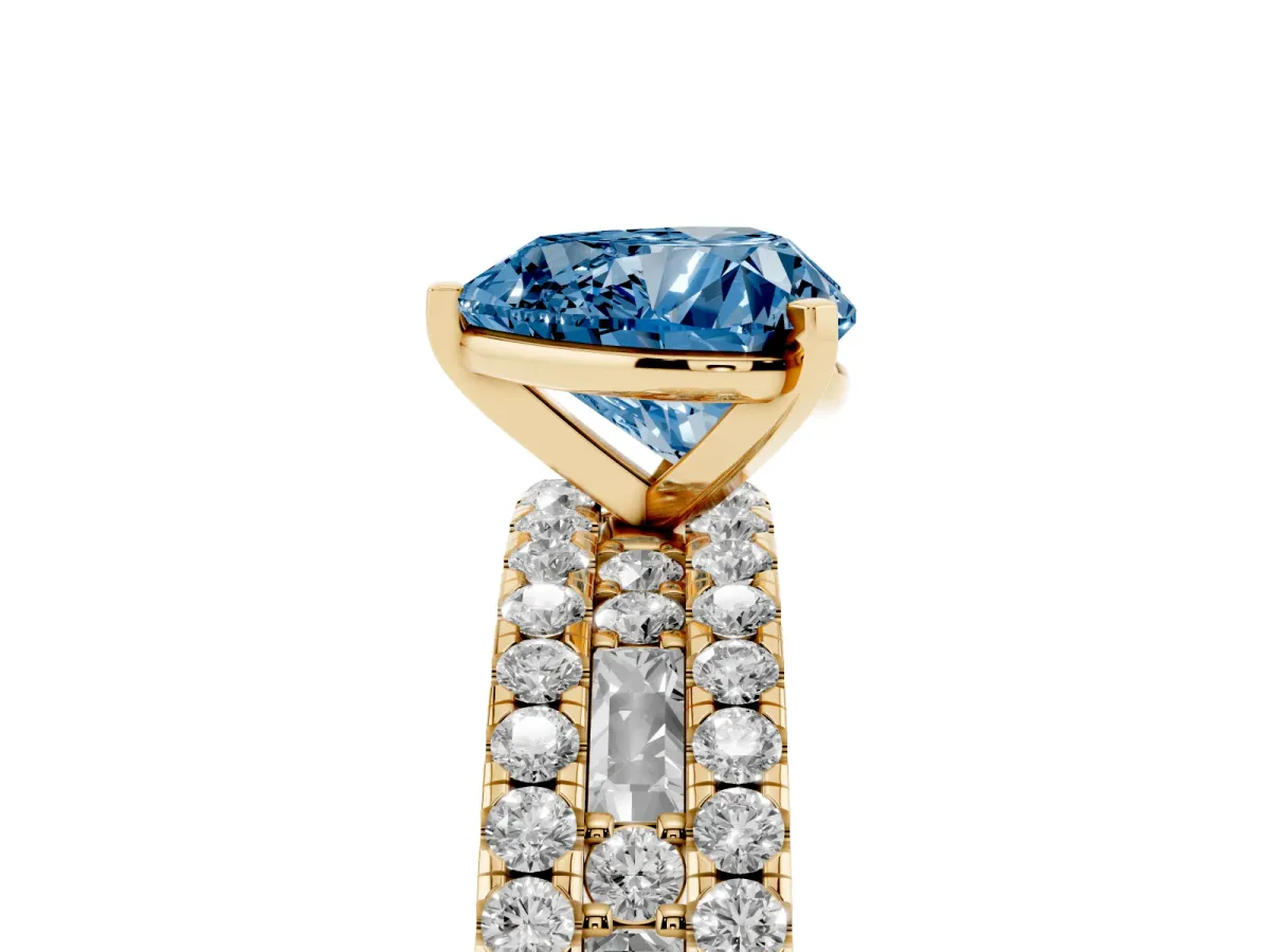Fancy Blue Heart Cut Diamond Solitaire Ring with Pavé and Channel Set Band Yellow gold