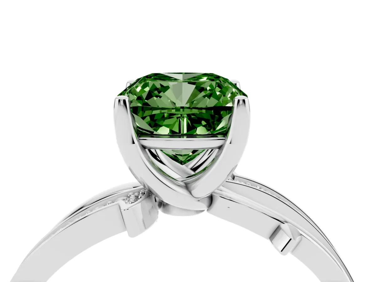 Fancy Green Cushion Cut Solitaire Twist Band with Pavé Accents and Four-Prong Setting Silver