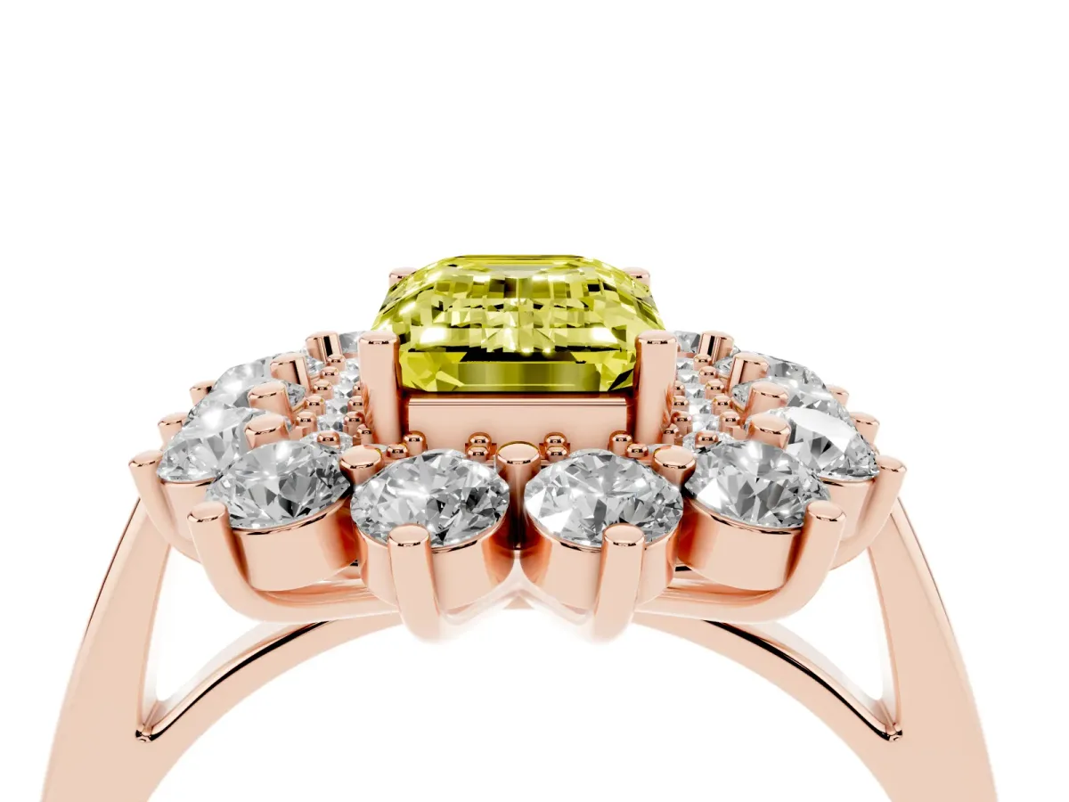 Fancy Yellow Emerald Cut Diamond Floral Double Halo Engagement Ring with Prong Setting Rose gold
