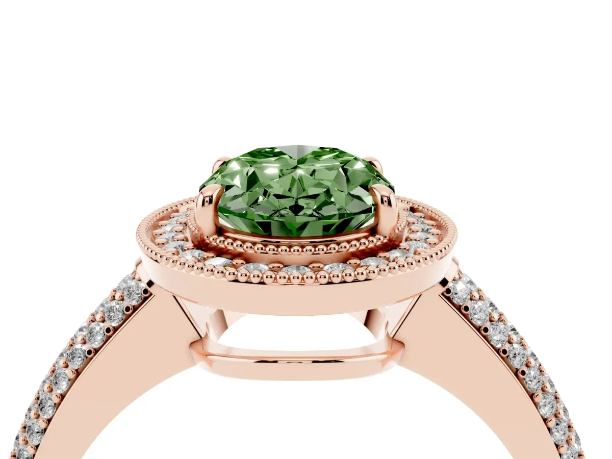 Fancy Green Oval Cut Cut Halo Diamond Pave Band with Four-Prong Setting Rose gold