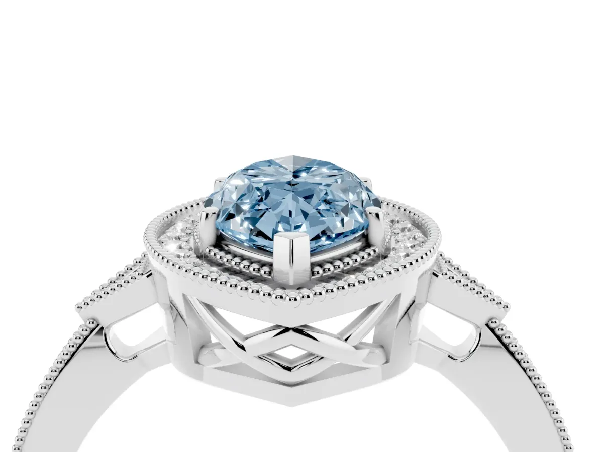 Fancy Blue Marquise Cut Halo Round Diamond Milgrain Pave Engagement Ring Silver