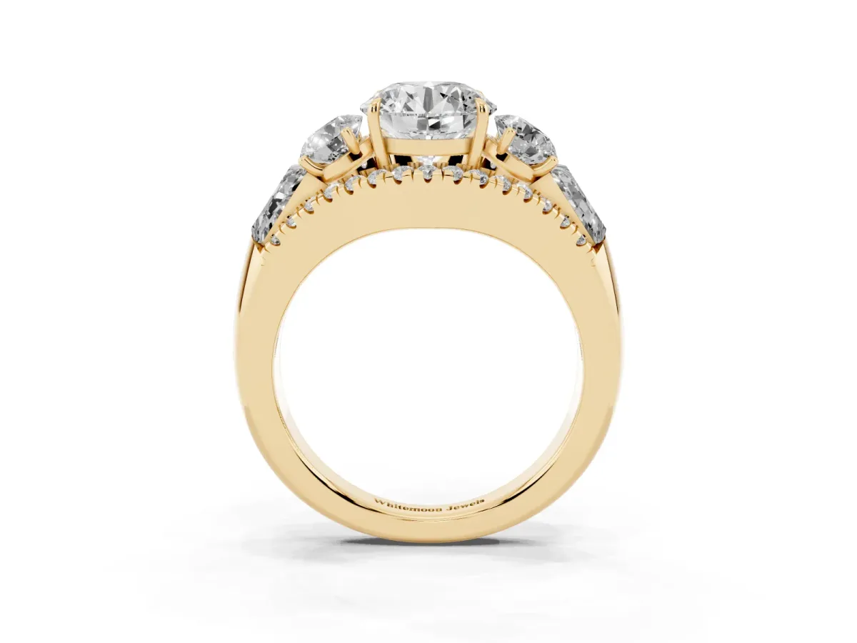 Three-Stone Round Cut Diamond Engagement Ring with Pave Band and Prong Setting Yellow gold