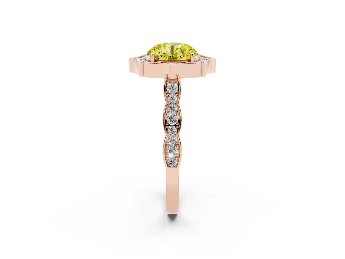 Fancy Yellow Round Cut Halo Diamond Engagement Ring with Milgrain Band and Four-Prong Setting Rose gold
