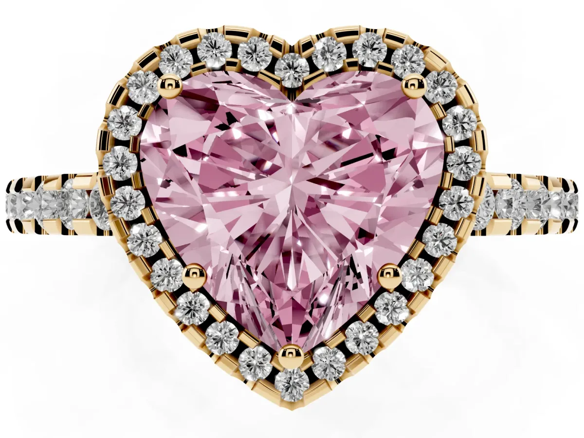 Fancy Pink Heart Cut Diamond Halo Engagement Ring with Pavé Band and Prong Setting Yellow gold