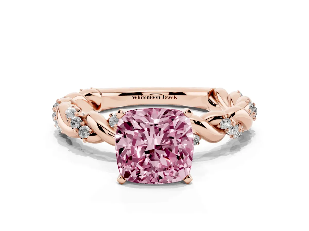 Fancy Pink Cushion Cut Diamond Solitaire Ring with Twisted Band and Pavé Accents Rose gold