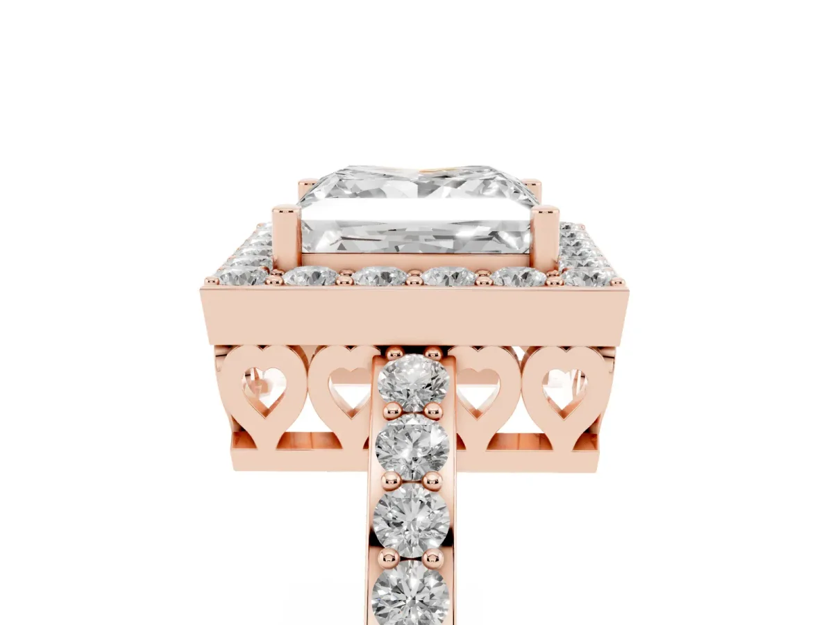 Princess Cut Halo Diamond Pavé Band Ring with Prong Setting Rose gold