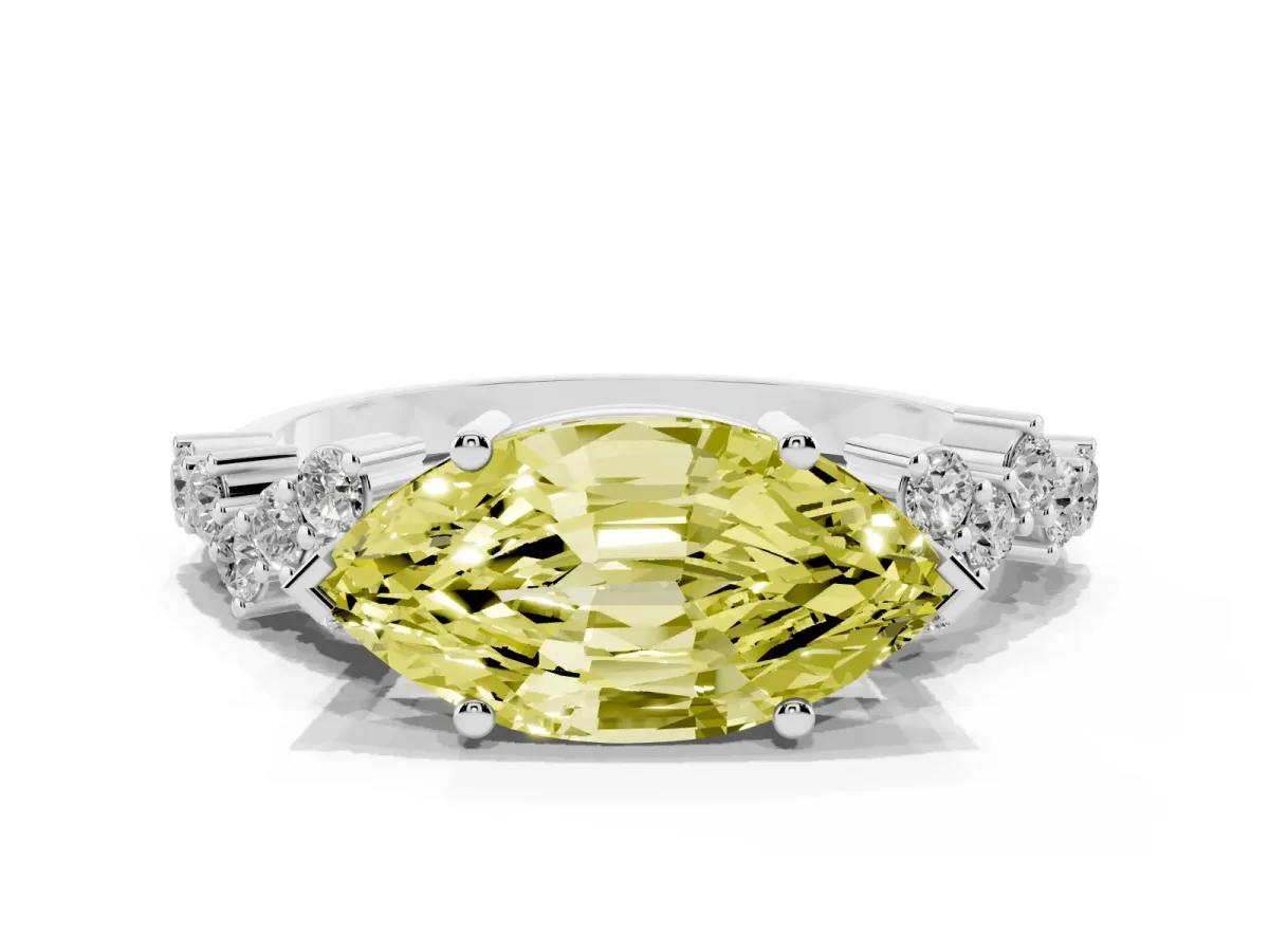 Fancy Yellow Marquise Cut Diamond Scattered Round Accent Ring with Prong Setting Silver