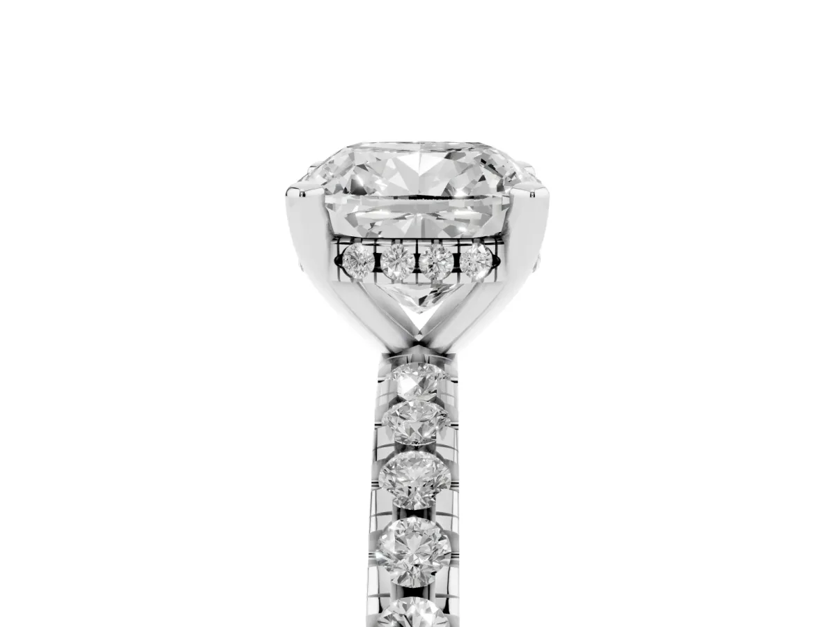 Cushion Cut Diamond Solitaire Ring with Round Pavé Band and Four-Prong Setting Silver