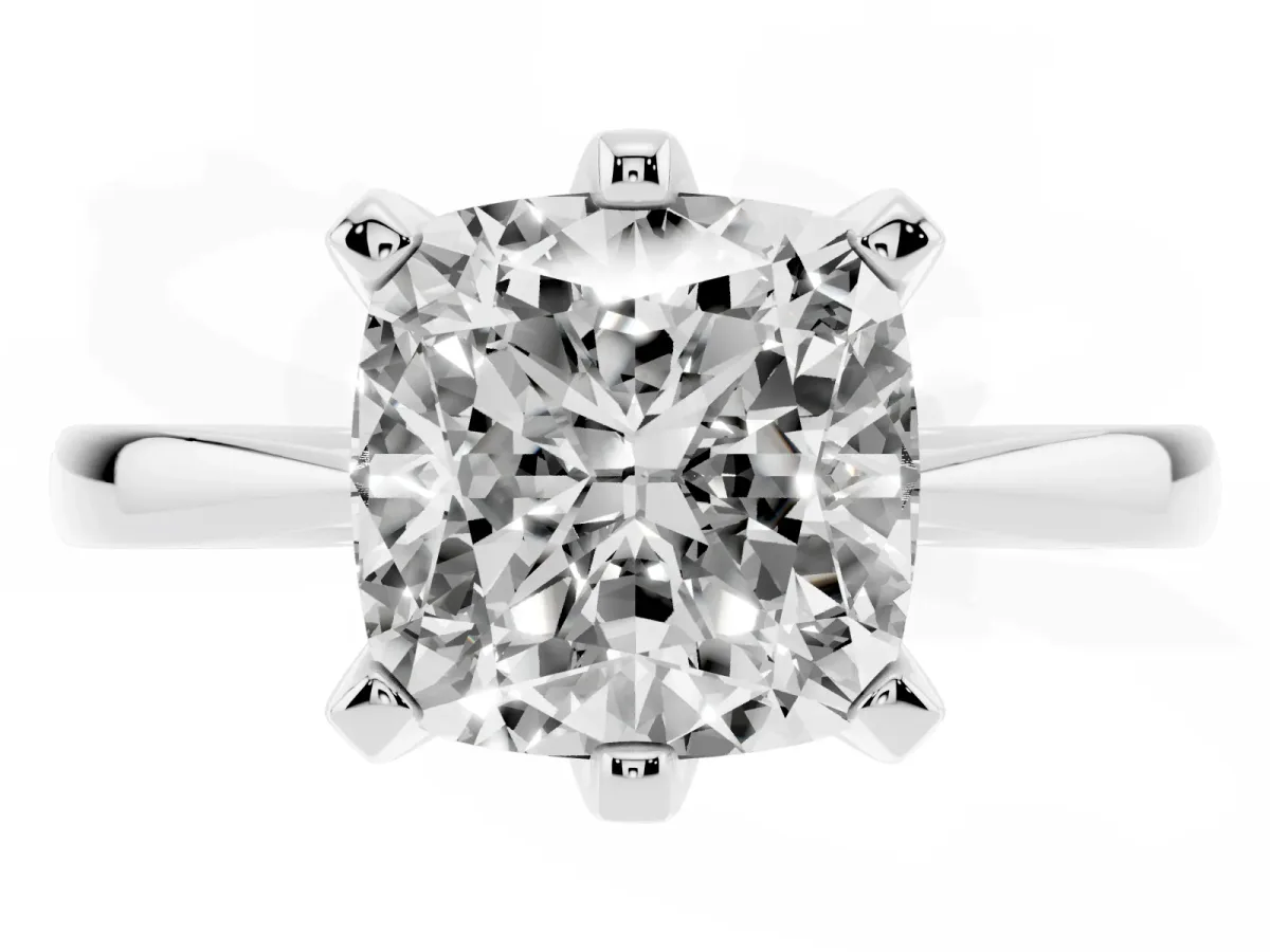 Cushion Cut Solitaire Engagement Ring with Six-Prong Setting and Tapered Band Platinum