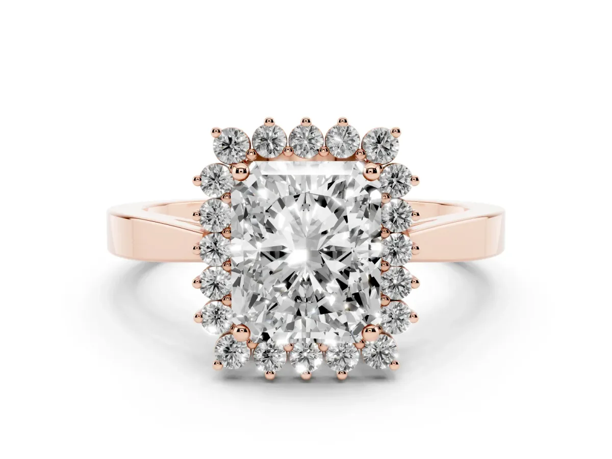 Radiant Cut Cut Diamond Halo Ring with Round Brilliant Halo and Solitaire Band Rose gold