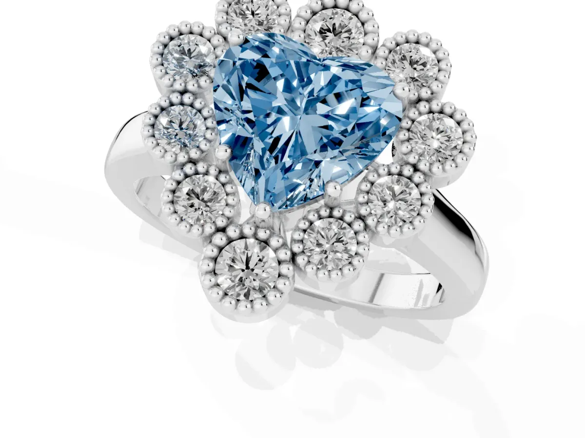 Fancy Blue Heart Cut Halo Diamond Cluster Engagement Ring with Milgrain Bezel Setting and Solitaire Band Platinum