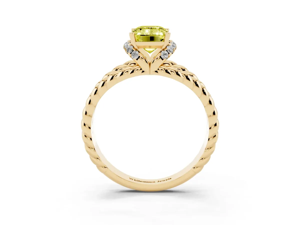 Fancy Yellow Emerald Cut Halo Twisted Band Four-Prong Ring Yellow gold