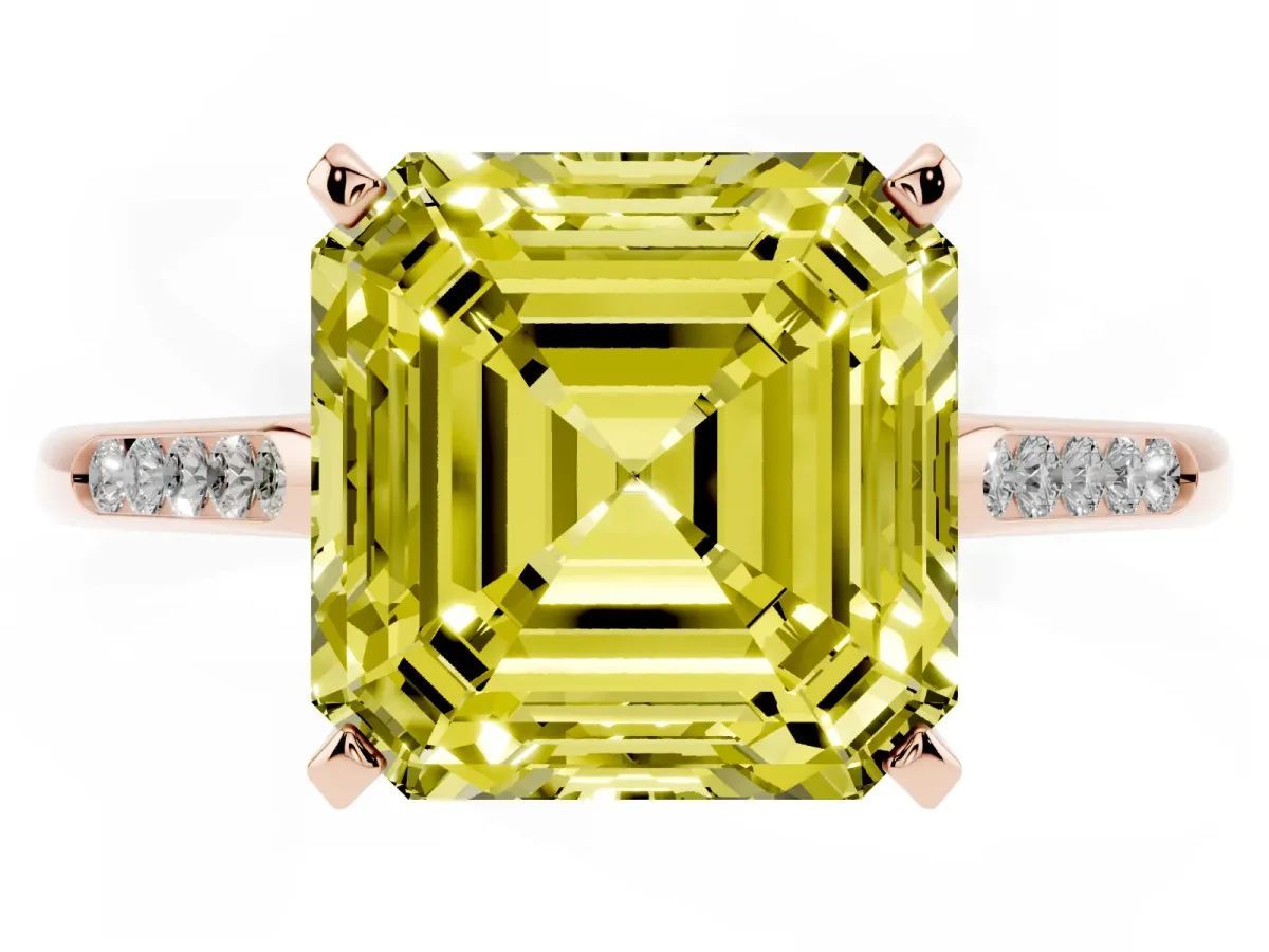 Fancy Yellow Asscher Cut Diamond Solitaire Ring with Channel Set Round Band and Prong Setting Rose gold