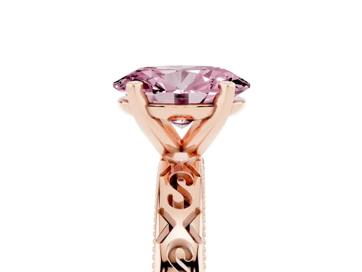Fancy Pink Oval Cut Solitaire Engagement Ring with Scrollwork Band and Four-Prong Setting Rose gold
