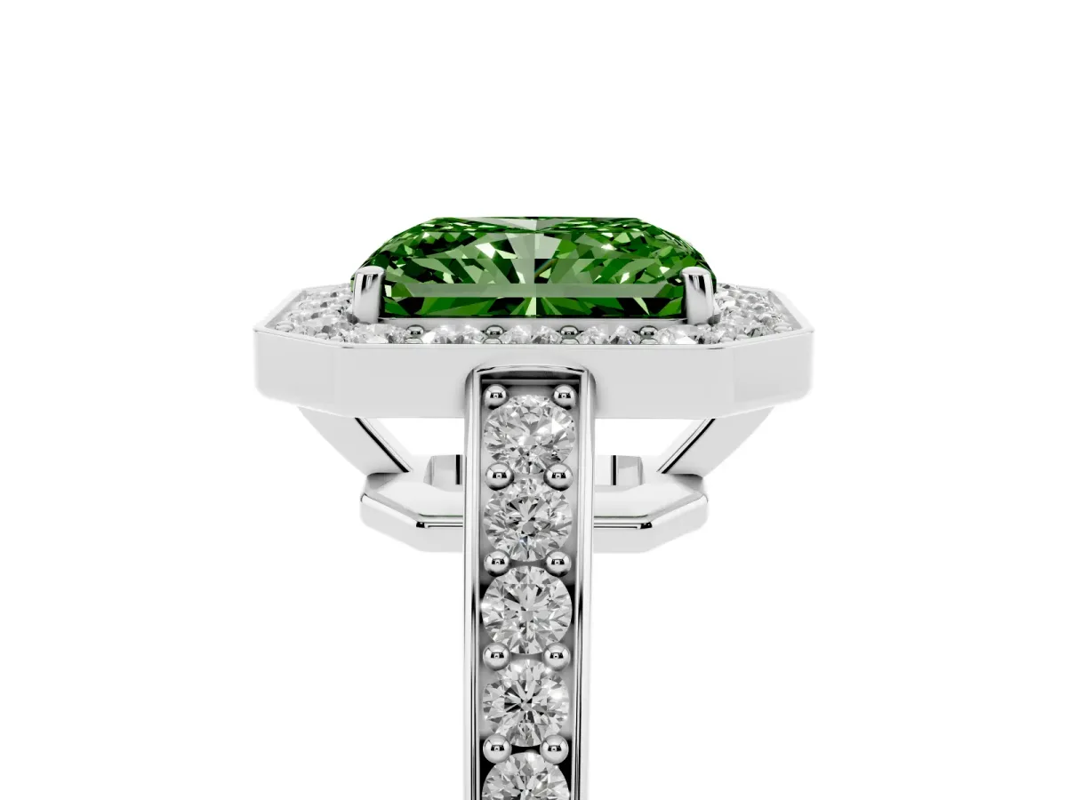 Fancy Green Radiant Cut Halo Pavé Diamond Engagement Ring with Bezel Setting White gold
