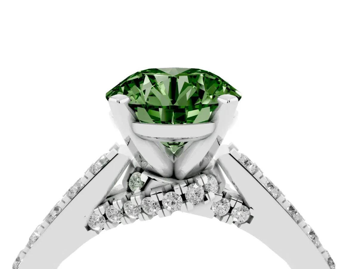 Fancy Green Round Cut Diamond Solitaire Ring with Crossover Gallery and Round Pavé Band Silver