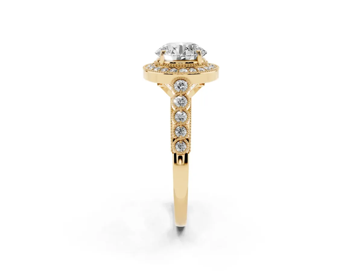 Round Cut Halo Milgrain Solitaire with Bezel Set Side Stones and Pave Band Yellow gold