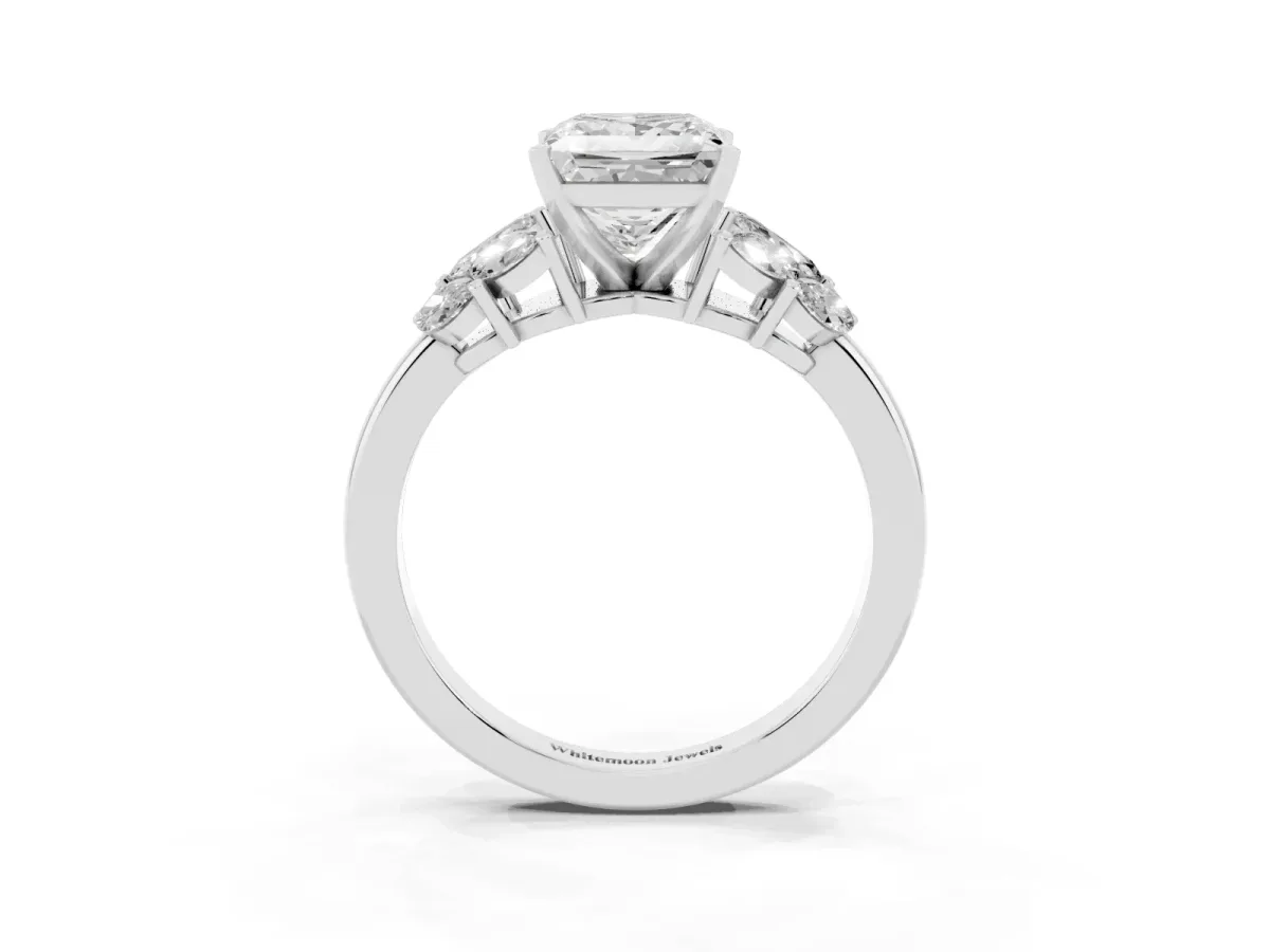 Princess Cut Diamond Cluster Leaf Design Ring with Prong Setting White gold