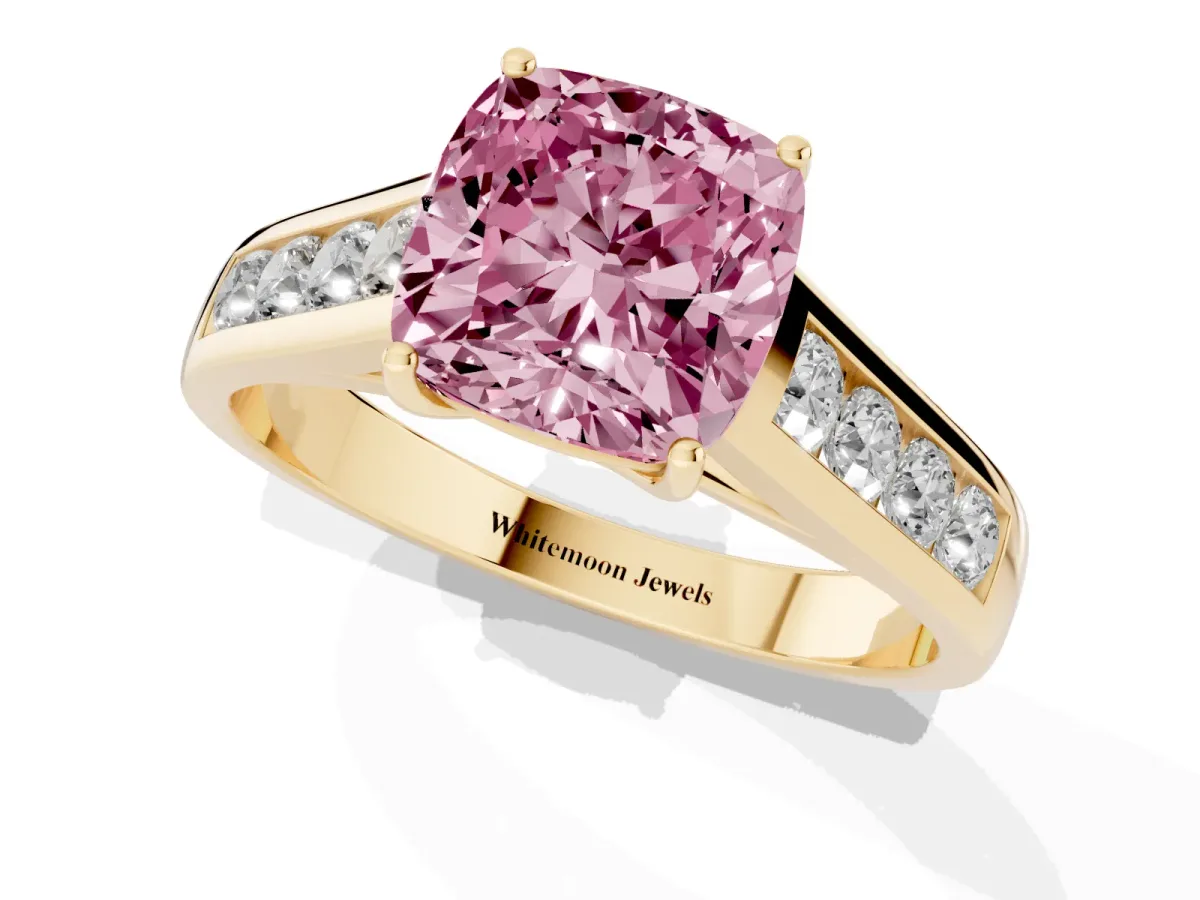 Fancy Pink Cushion Cut Solitaire Channel-Set Diamond Engagement Ring with Four-Prong Setting Yellow gold
