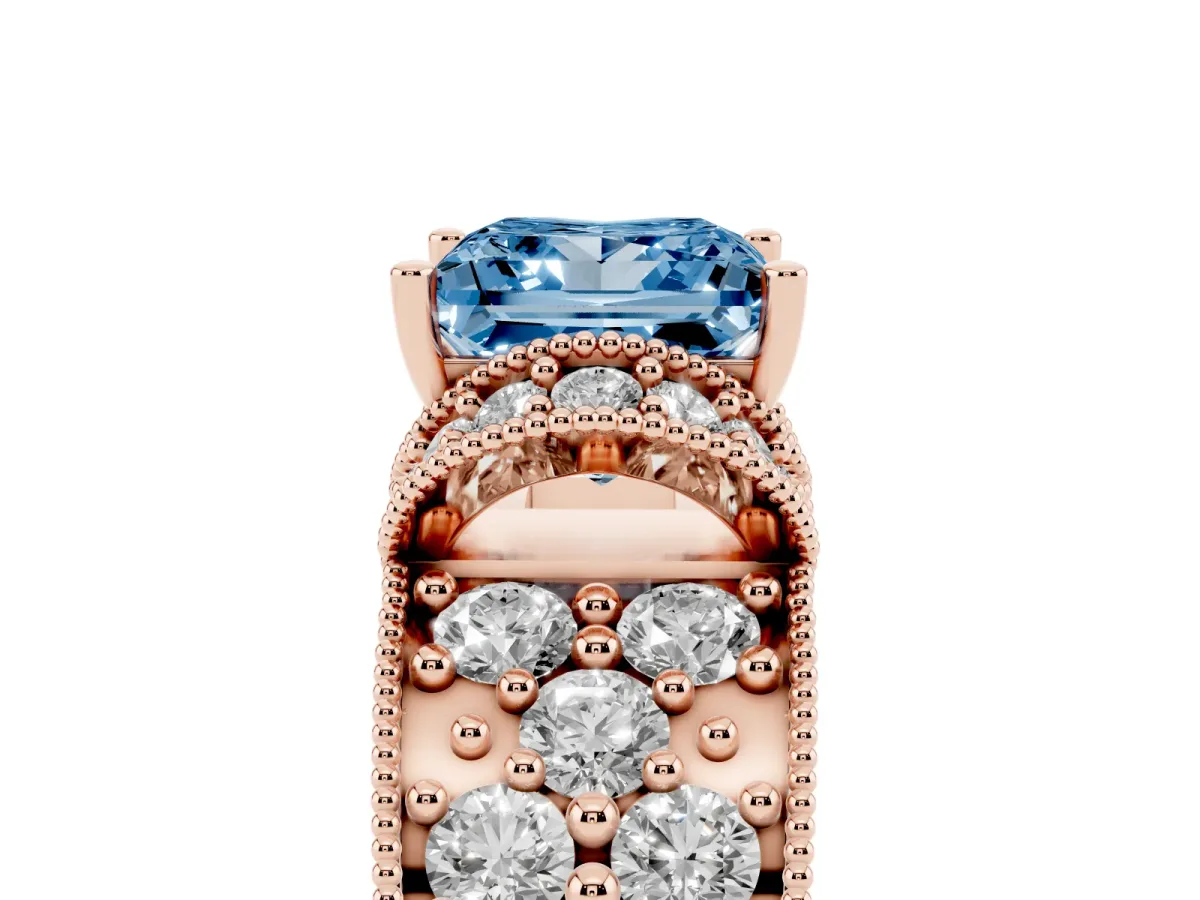 Fancy Blue Princess Cut Halo Pave Diamond Engagement Ring with Milgrain Detailing Rose gold
