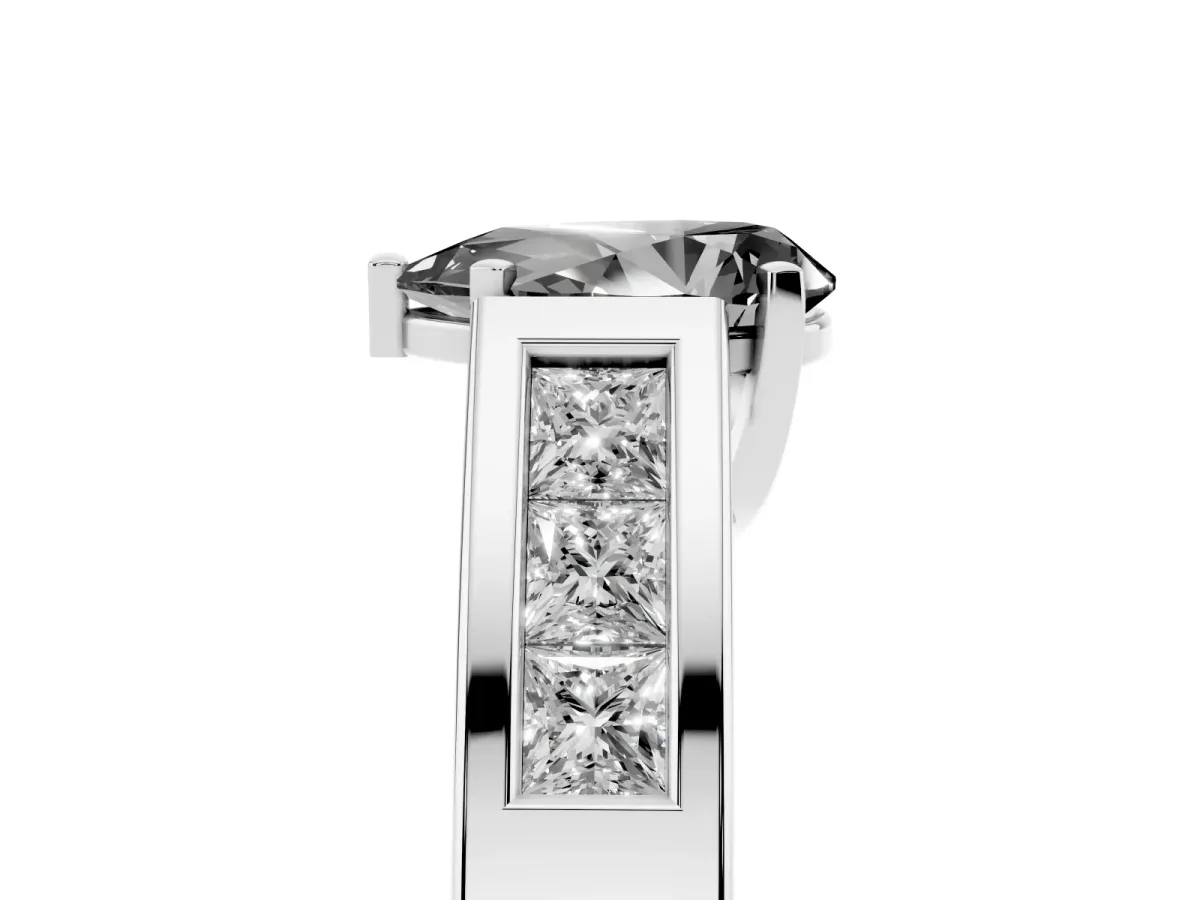 Fancy Black Pear Cut Cut Channel Set Solitaire Ring with Four-Prong Setting Silver