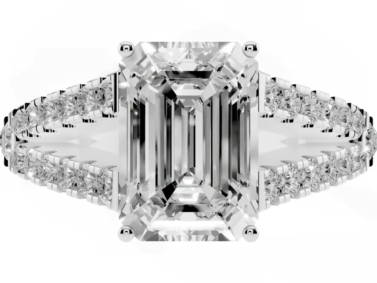 Emerald Cut Diamond Split Shank Pavé Engagement Ring with Four-Prong Setting White gold