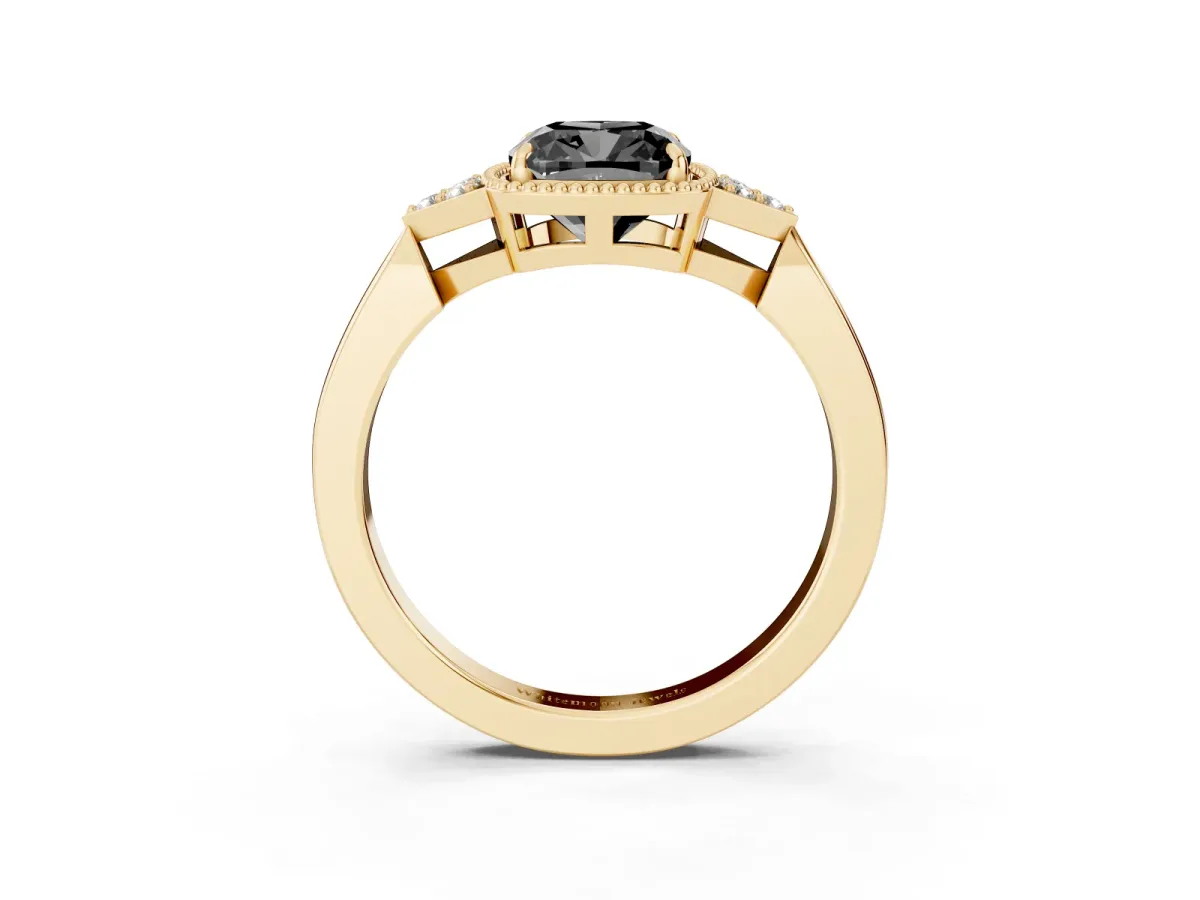 Fancy Black Hexagonal Halo Cushion Cut Diamond Solitaire with Pavé Band and Four-Prong Setting Yellow gold