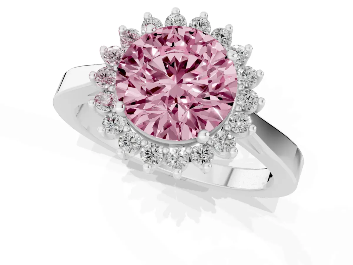 Fancy Pink Round Cut Cut Diamond Halo Ring with Round Brilliant Halo and Solitaire Band Platinum