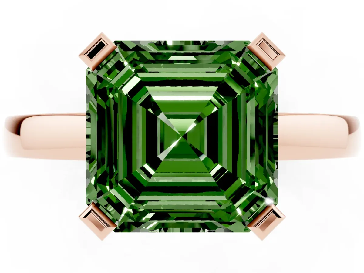 Fancy Green Asscher Cut Cut Solitaire Ring with Four-Prong Setting and Classic Band Rose gold