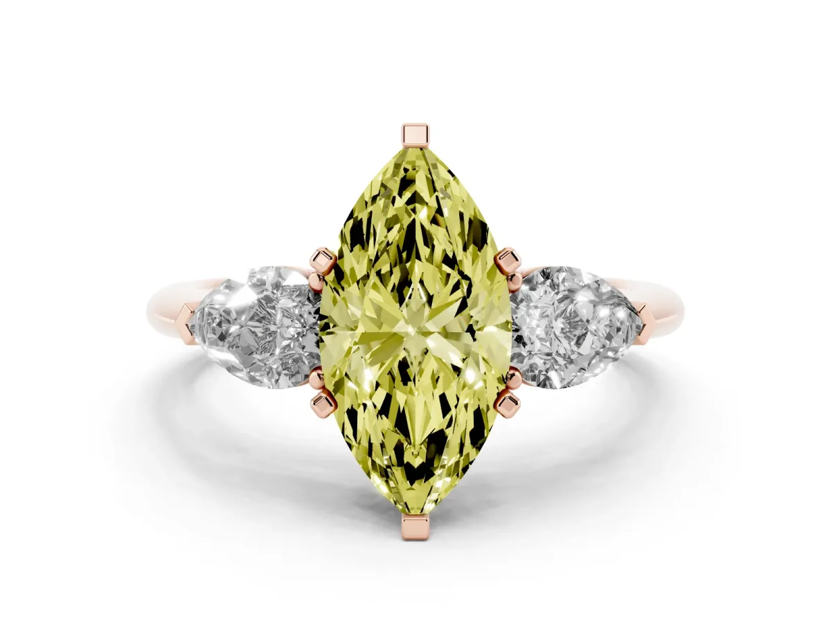 Fancy Yellow Three-Stone Marquise Cut Diamond Ring with Pear Side Stones and Four-Prong Setting Rose gold