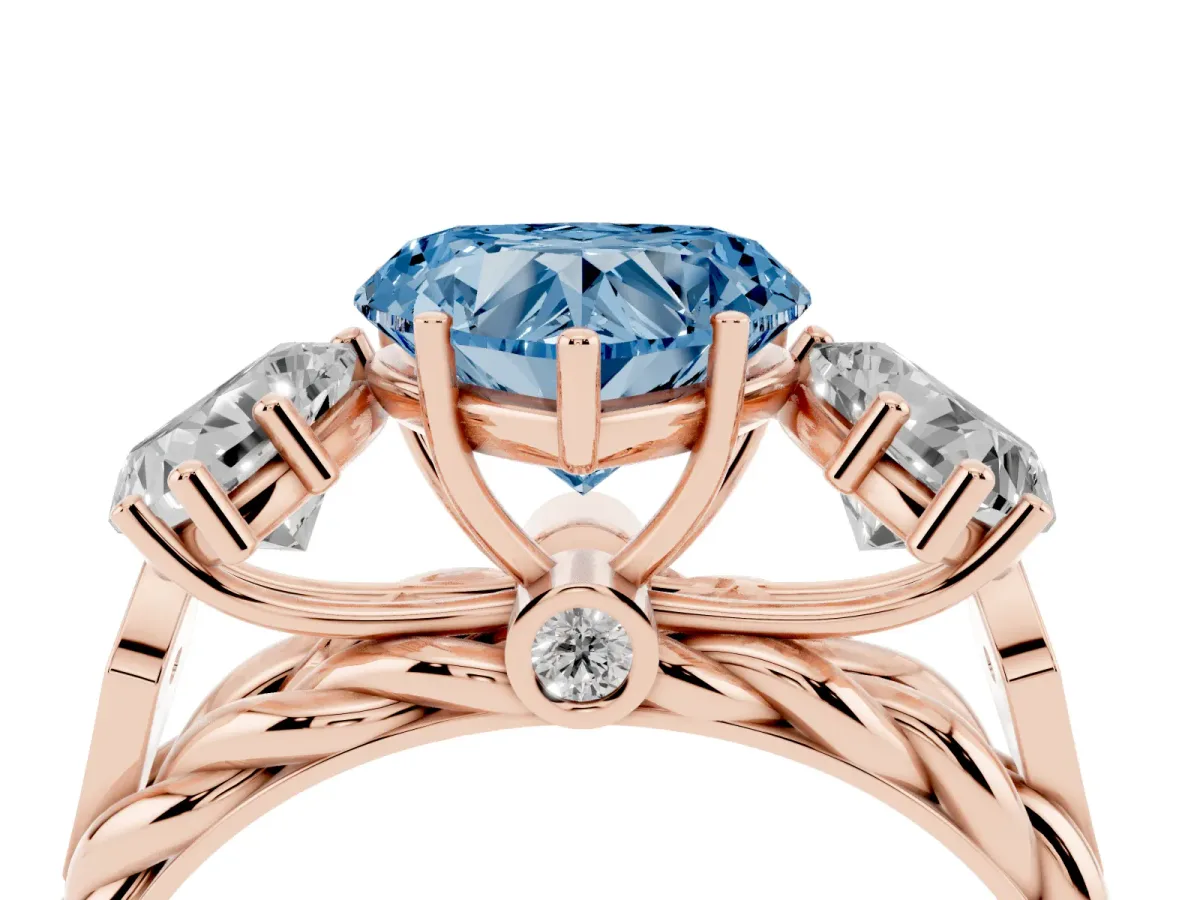 Fancy Blue Three-Stone Heart Cut Diamond Braided Band Ring with Four-Prong Setting Rose gold