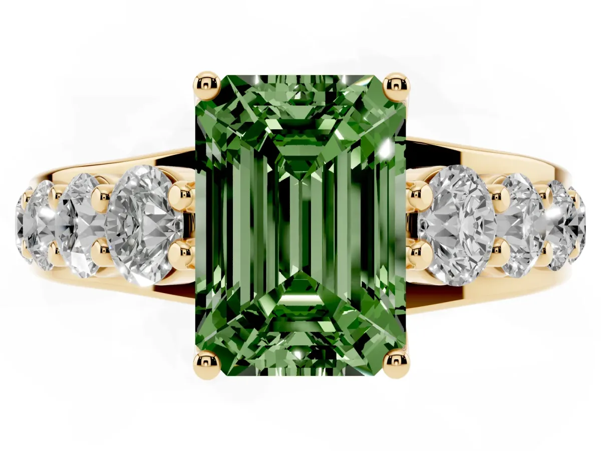 Fancy Green Emerald Cut Diamond Engagement Ring with Pavé Band and Four-Prong Setting Yellow gold