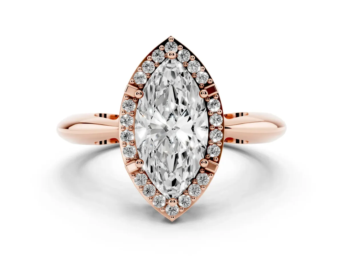 Marquise Cut Cut Diamond Halo Engagement Ring with Split Shank and Four-Prong Setting Rose gold