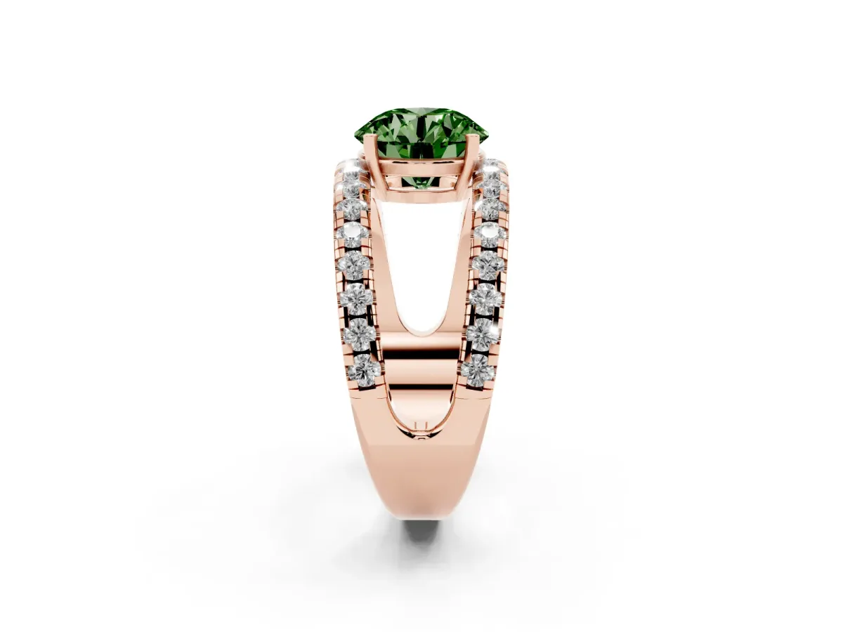 Fancy Green Round Cut Solitaire Split Shank Pave Diamond Ring Rose gold
