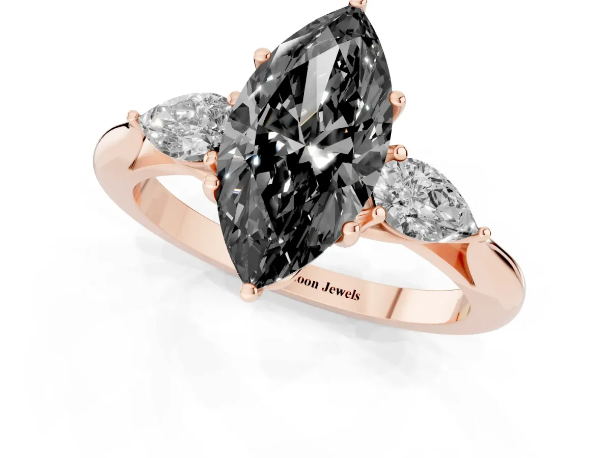 Fancy Black Marquise Cut Diamond Three-Stone Ring with Pear Side Stones and Prong Setting Rose gold
