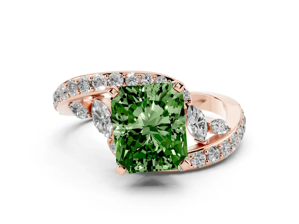 Fancy Green Radiant Cut Solitaire with Pavé Twist Band and Four-Prong Setting Rose gold