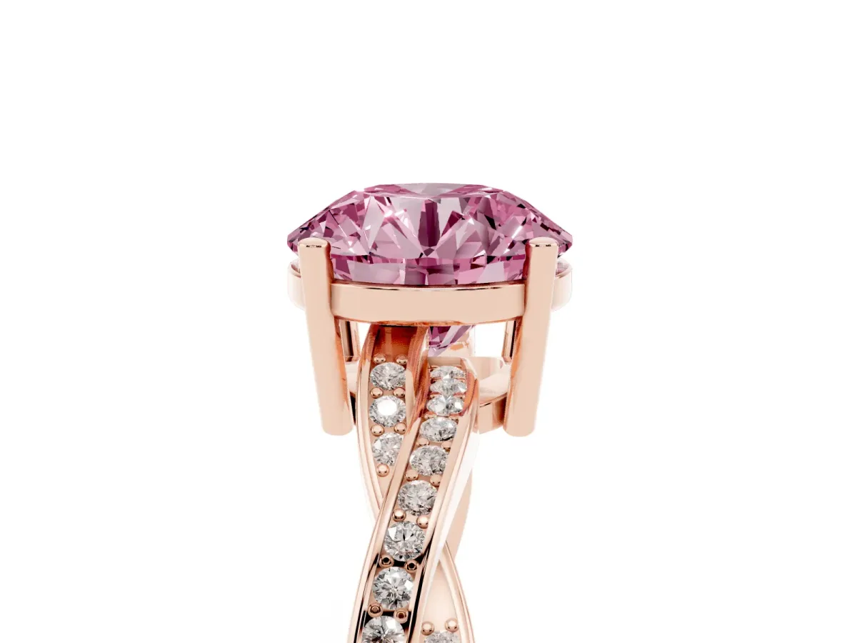 Fancy Pink Round Cut Solitaire Twisted Pave Diamond Ring with Four-Prong Setting Rose gold
