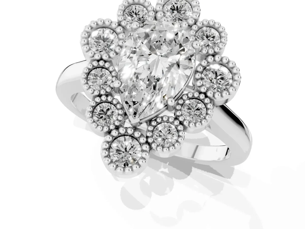Pear Cut Halo Diamond Cluster Engagement Ring with Milgrain Bezel Setting and Solitaire Band Platinum