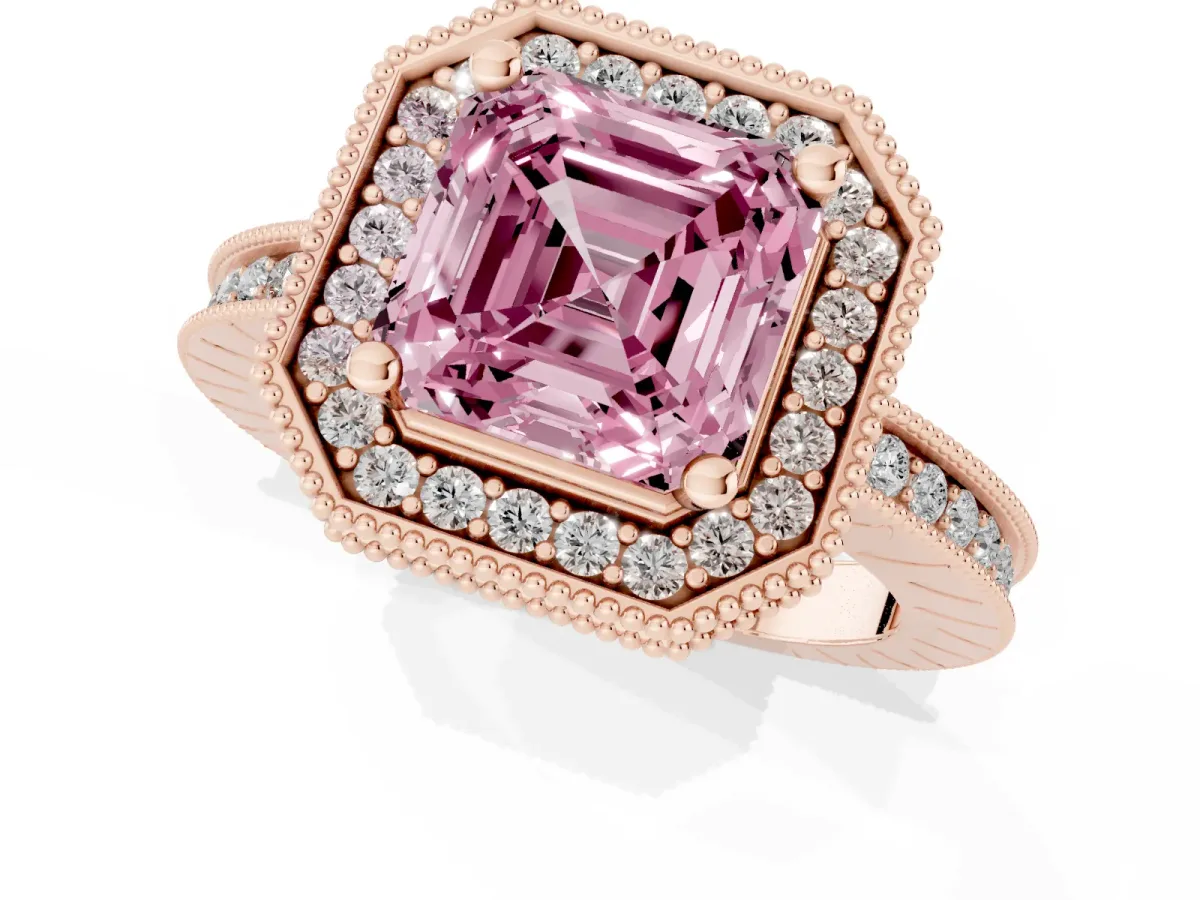 Fancy Pink Asscher Cut Diamond Milgrain Halo Engagement Ring with Round Pavé Band and Prong Setting Rose gold