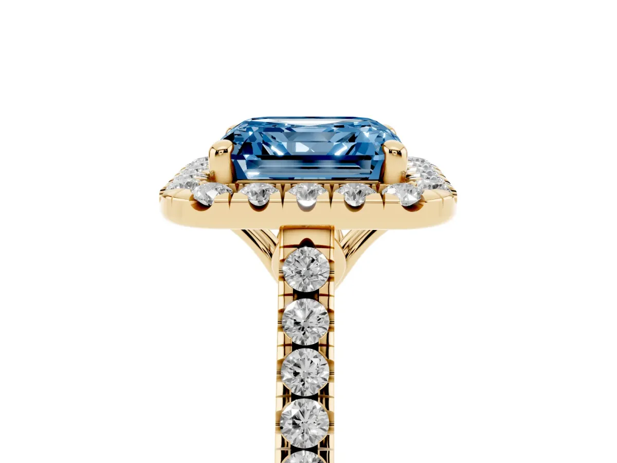 Fancy Blue Asscher Cut Halo Pavé Diamond Engagement Ring with Four-Prong Setting Yellow gold