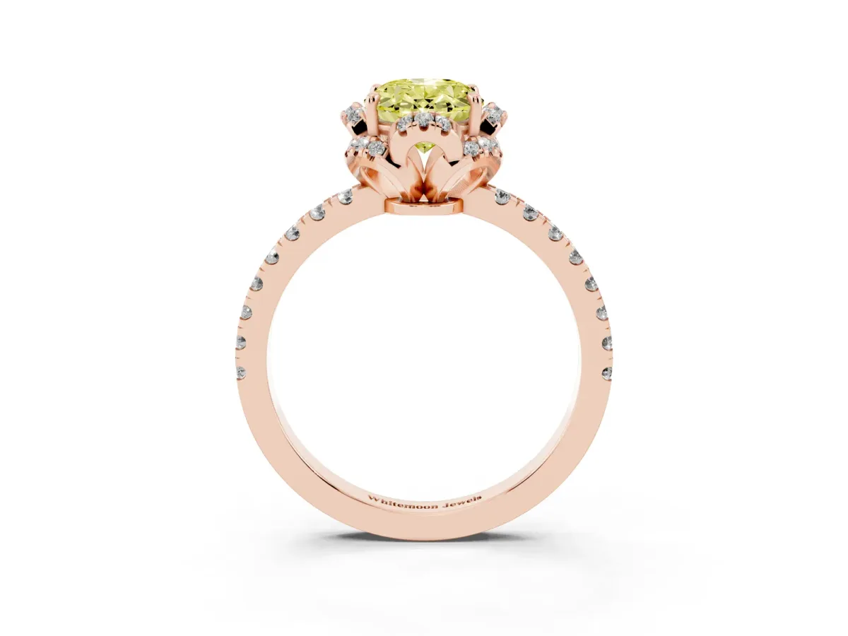 Fancy Yellow Oval Cut Halo Diamond Pave Band Ring with Four-Prong Setting Rose gold