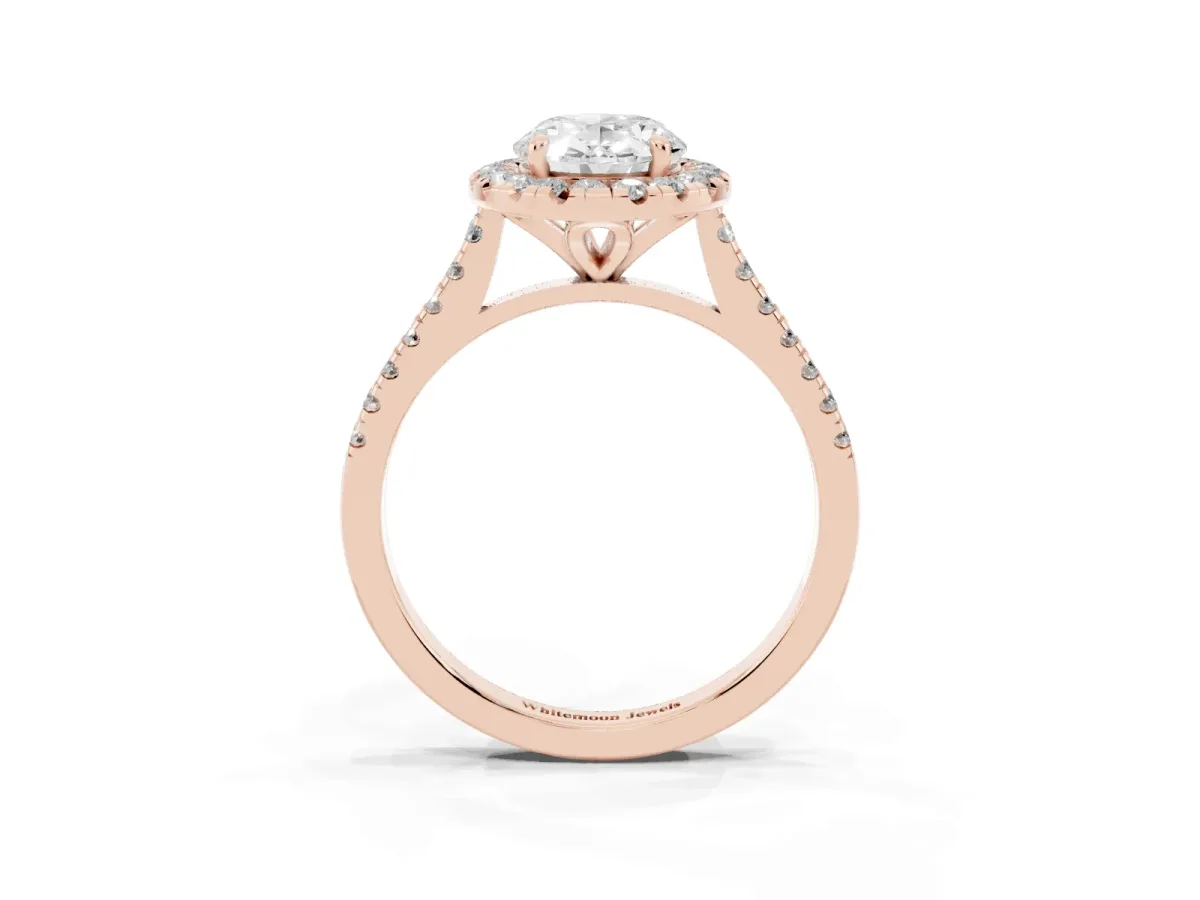 Oval Cut Diamond Cushion Halo Ring with Pavé Band Rose gold