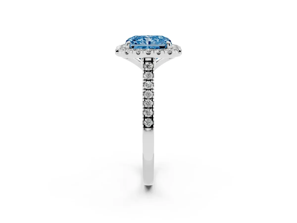 Fancy Blue Radiant Cut Diamond Cushion Halo Ring with Pavé Band Silver