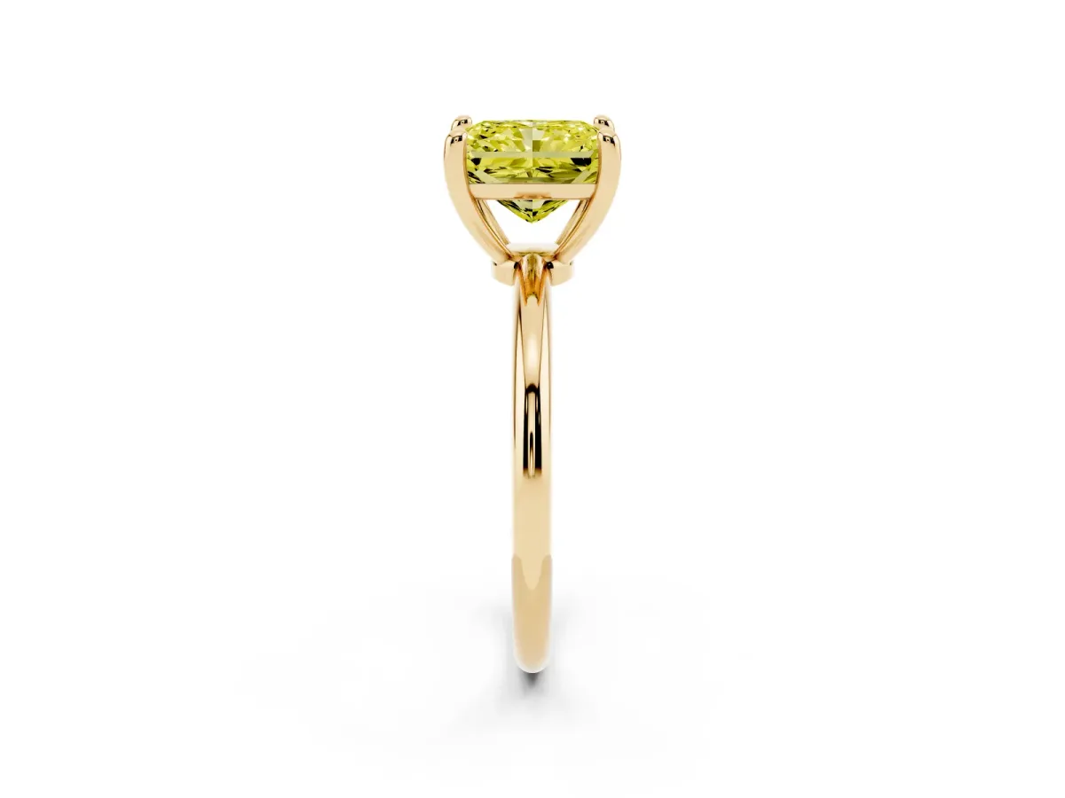 Fancy Yellow Radiant Cut Solitaire Diamond Ring with 4-Prong Setting on a Classic Band Yellow gold