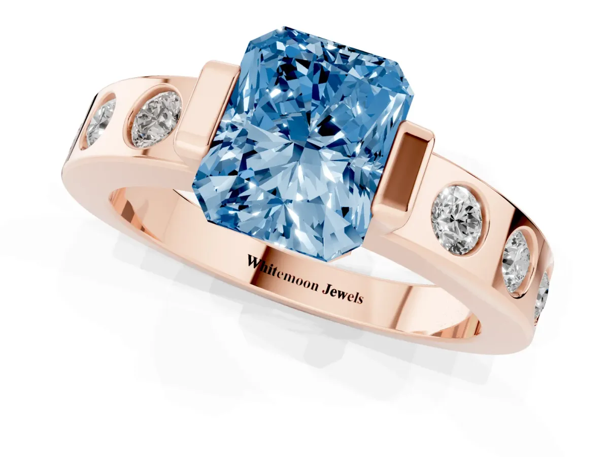 Fancy Blue Radiant Cut Brilliant Channel-Set Diamond Ring with Bezel Prong Setting Rose gold