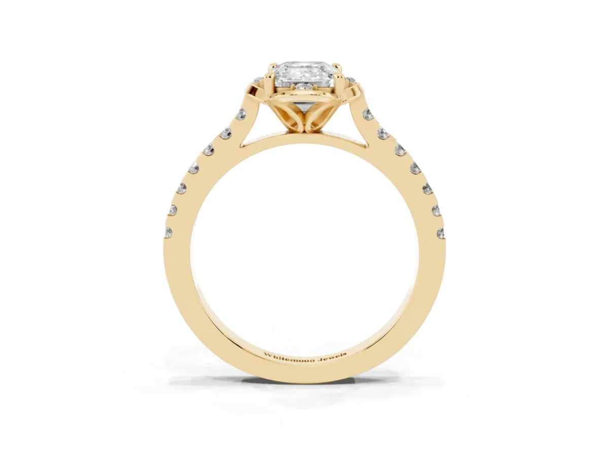 Emerald Cut Diamond Ring with Pavé Band and Floral Prong Setting Yellow gold