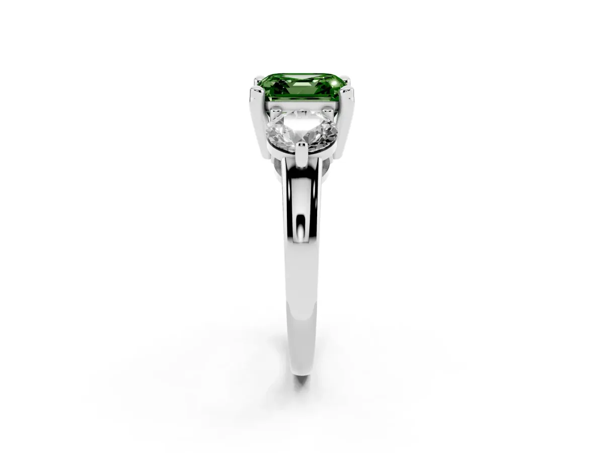 Fancy Green Three-Stone Asscher Cut Brilliant Cut Solitaire Ring with Prong Setting on a Classic Band White gold