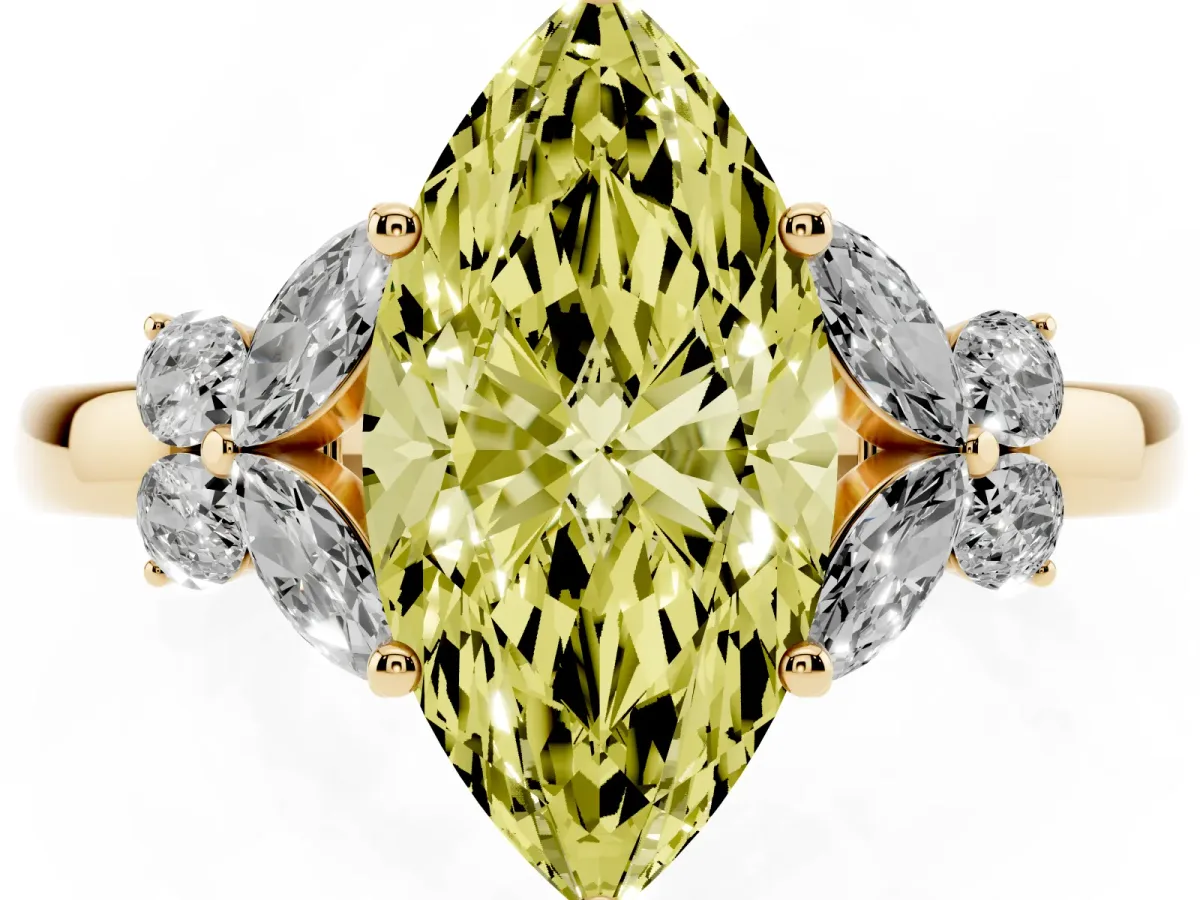 Fancy Yellow Marquise Cut Cut Solitaire Floral Diamond Ring with Four-Prong Setting Yellow gold